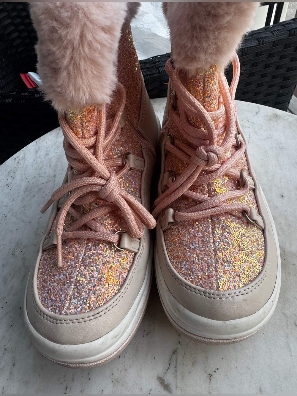 Kids Pink Glitter Faux-Fur Lined Sneakers